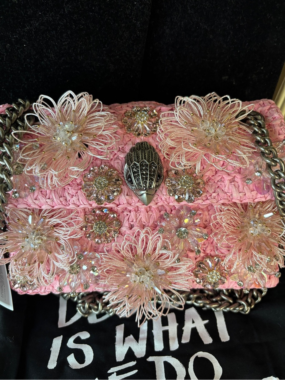 Kurt Geiger Raffia Mini Kensington Embellished Pink Floral Beads Crossbody Bag